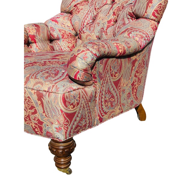 Late 20th C Baker Furniture Tufted Club Armchairs, George Smith Style Paisley Upholstery, Brass Casters – Pair For Sale - Image 17 of 18
