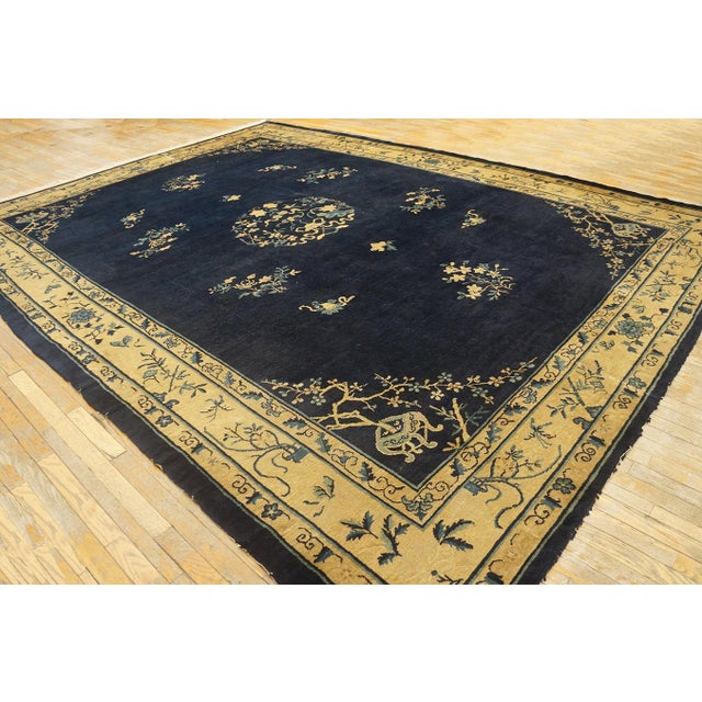 Chinese Gorgeous Navy Background Color and Beige Border With Floral-Medallion Design Antique Chinese Peking Rug For Sale - Image 3 of 9