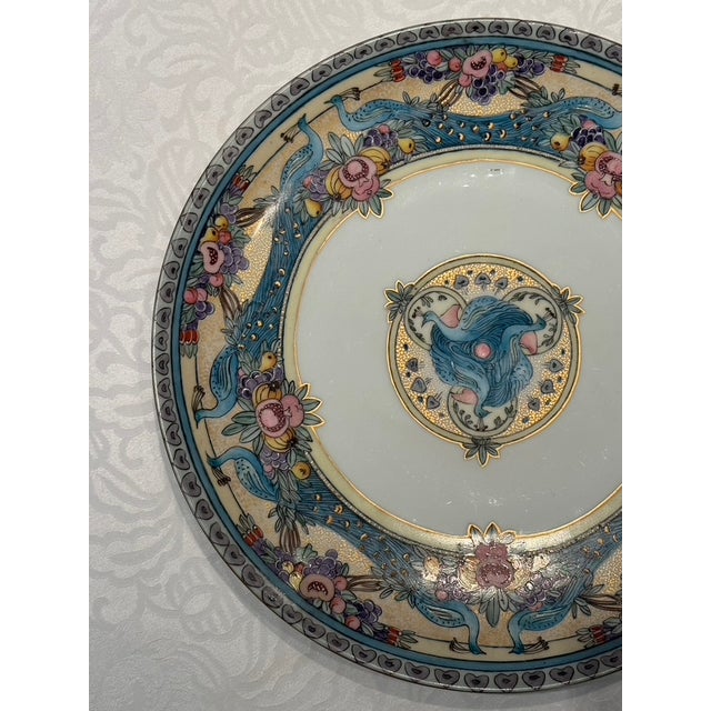 Art Nouveau 1913 Art Nouveau Hand-Painted Bavarian Porcelain Monumental Peacock Charger Plate by Emma I. Timlin — 13" For Sale - Image 3 of 5