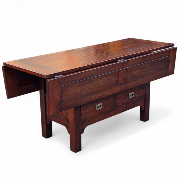 Rustic American Craftsman Style Rustic Oak Drop-Leaf Console/Dining Table, Imported From Bulgaria by Crate & Barrel Co., 2005 [Unsigned] For Sale - Image 3 of 15