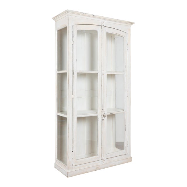 19th-Century French White Painted Oak Bookcase Display Cabinet With Glass Doors For Sale