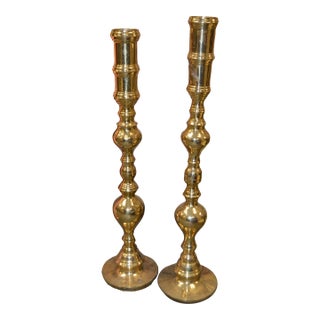 Vintage Pair Tall Brass Floor Candle Stands Holders Candlesticks For Sale
