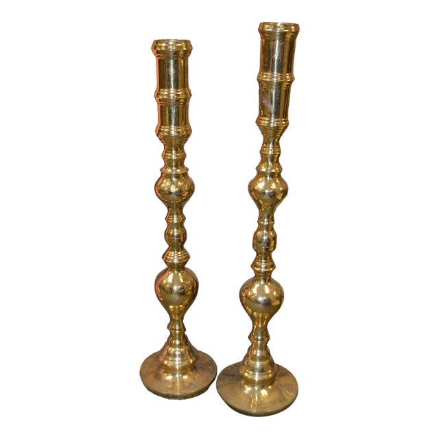 Vintage Pair Tall Brass Floor Candle Stands Holders Candlesticks For Sale