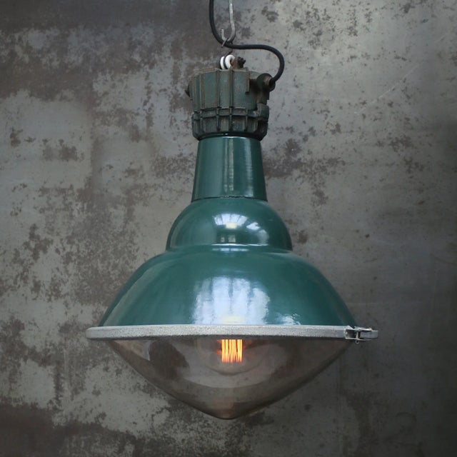 Rare french factory pendant by sammode, france green enamel and cast iron clear round glass rewired and bulb holders e27 /...