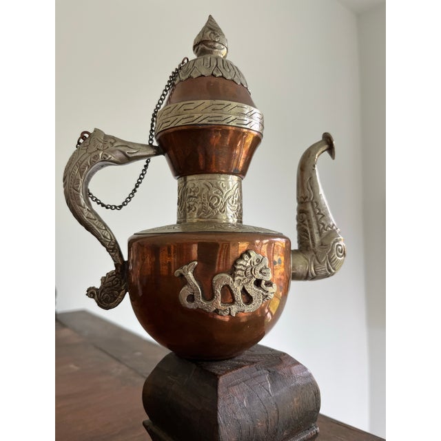 Asian Antique Early 1900s Tibetan Copper Dragon Teapot With Silver Repoussé Accents For Sale - Image 3 of 11