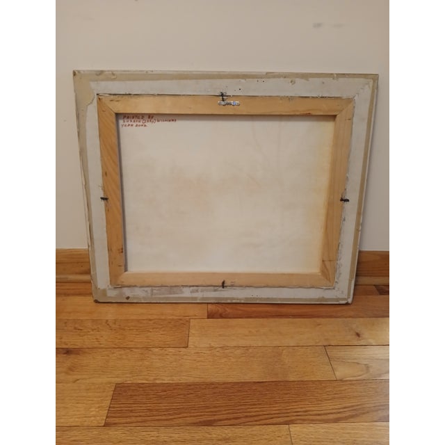 The piece features cool winter blues and whites contrasted with warm autumn browns and soft sunset tones, painted in oil...