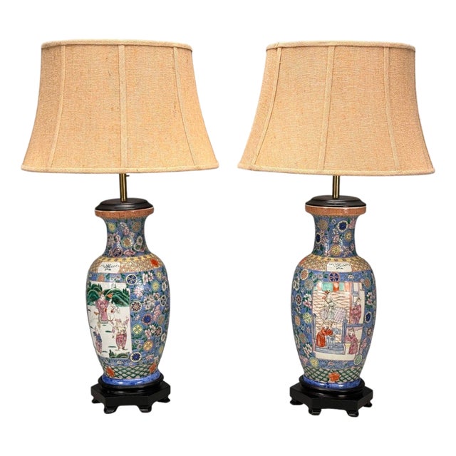 Famille Rose, Large Chinese Table Lamps, Porcelian, Rosewood, China, 19th C. For Sale