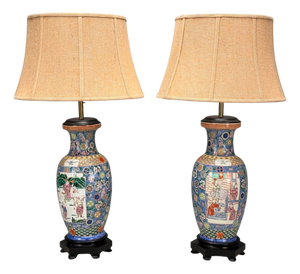 Famille Rose, Large Chinese Table Lamps, Porcelian, Rosewood, China, 19th C.