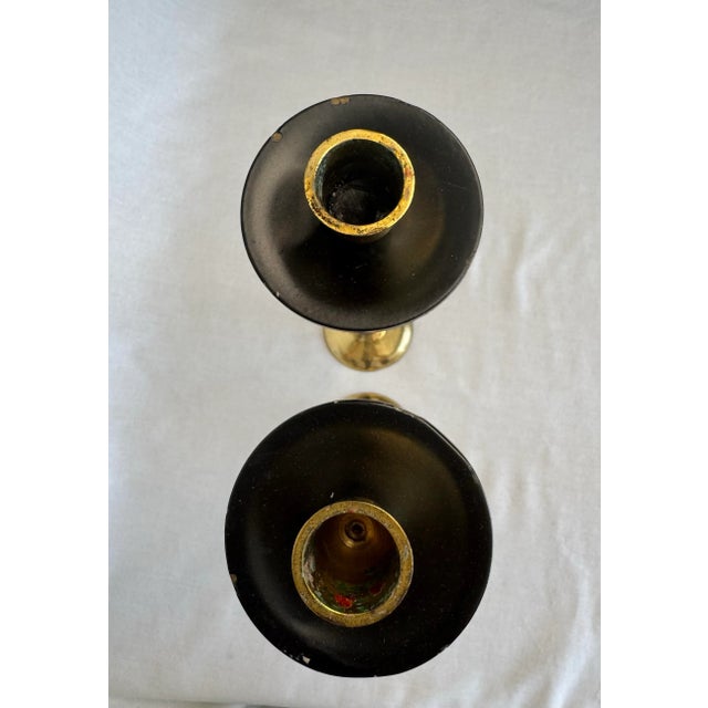 Black A Pair of MId Century Modern Black Metal and Brass Candlesticks For Sale - Image 8 of 10