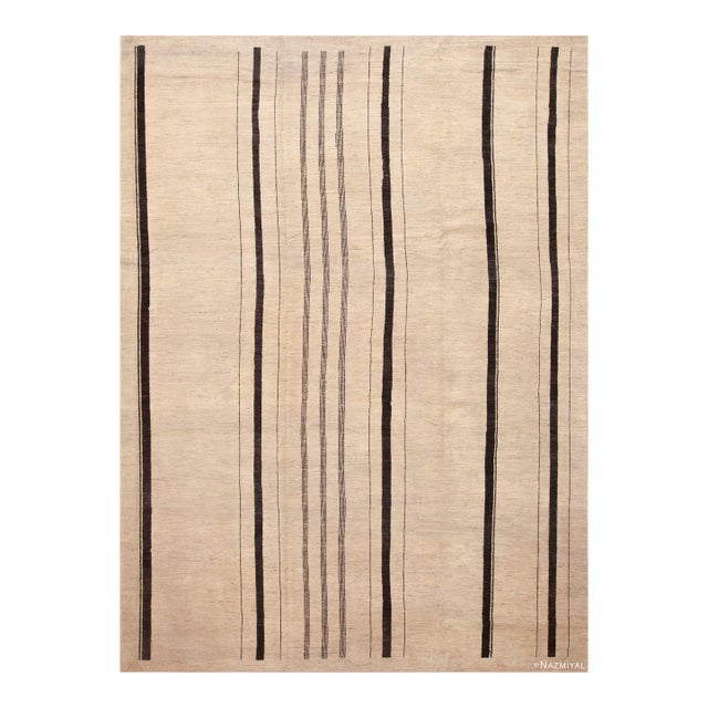 Ivory Cream Geometric Striped Modern Contemporary Room Size Rug For Sale