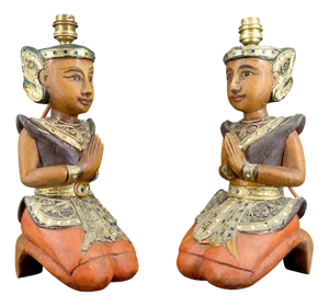 Sculptural Polychrome Wood Lamps, Indonesia, 1970s, Set of 2
