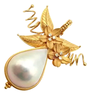 Carolyn Tyler Yellow Gold Mabe Pearl Diamond Pendant Pin Brooch