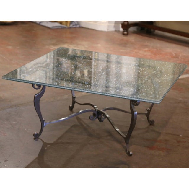 2010s Mid-Century French Iron Coffee Table With Crackle Glass Top For Sale - Image 5 of 11