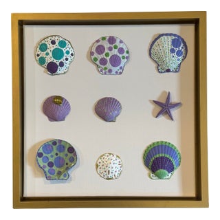 Hand-Painted Lavender, Blue & Green Seashell Collage Art With Starfish in Gold Floating Frame For Sale