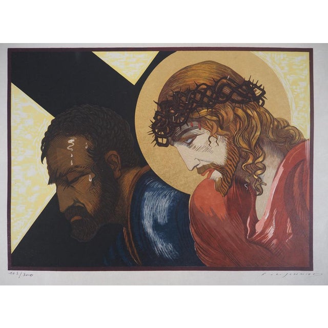Francois-Louis Schmied. Christ on the Stations of the Cross (Towards Golgotha). Original engraved wood in colors. Signed...