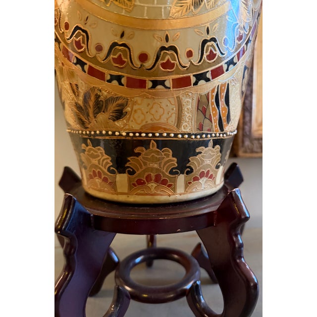 Gold Vintage Chinese Satsuma Style 23.5" Porcelain Vase on Stand For Sale - Image 8 of 12