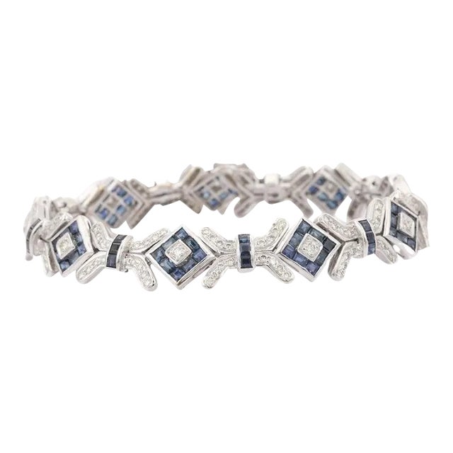 Art Deco Style 18kt Solid White Gold Diamond and 10.90 Ct Blue Sapphire Bracelet For Sale