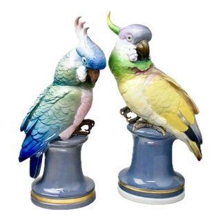 Early 20th Century Porcelain Life-Size Parrot Figures on Pedestals, by Karl Ens, a Pair For Sale