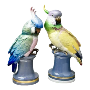 Vintage Porcelain Life-Size Parrot Figures on Pedestals, by Karl Ens, a Pair