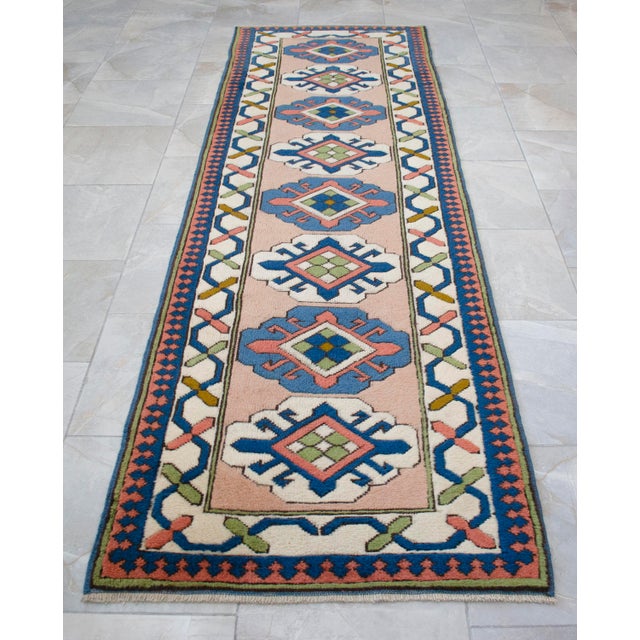 Hand-Knotted Turkish Wool Rug . Oushak Runner Rug Pink Hallway Decor2′9″ × 9′1″ For Sale - Image 14 of 16
