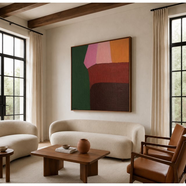 This abstract composition evokes the peaceful beauty of cultivated landscapes seen from above. Large, organic forms in...