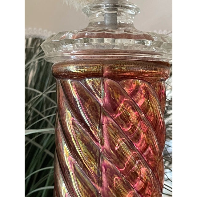 Vintage Pink Iridescent Spiral Column and Clear Hobnail Glass Table Lamp With Marble Base For Sale - Image 12 of 13