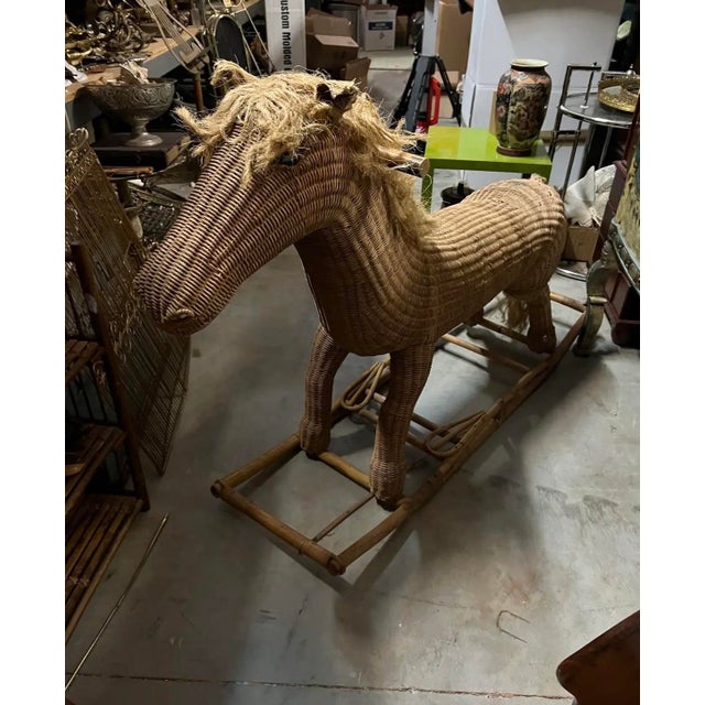 Oversized Vintage Wicker Children's Rocking Horse For Sale - Image 4 of 11