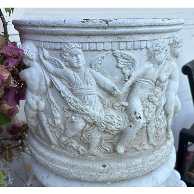 Early 20th Century Antique Round White Cement Relief Cherub Planter For Sale - Image 5 of 12