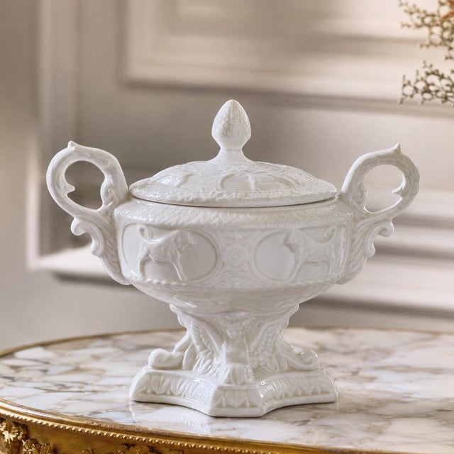 An antique italian ceremonial tureen in white capodimonte rococo porcelain, mid-20th century, signed with a crowned n. a...