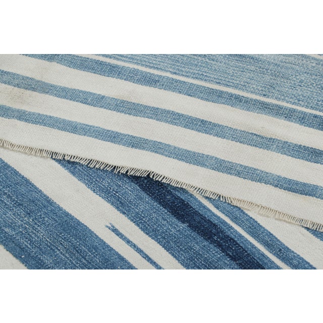 Textile Rug & Kilim’s Contemporary Dhurrie Rug With Blue and Off-White Geometric Stripes For Sale - Image 7 of 7