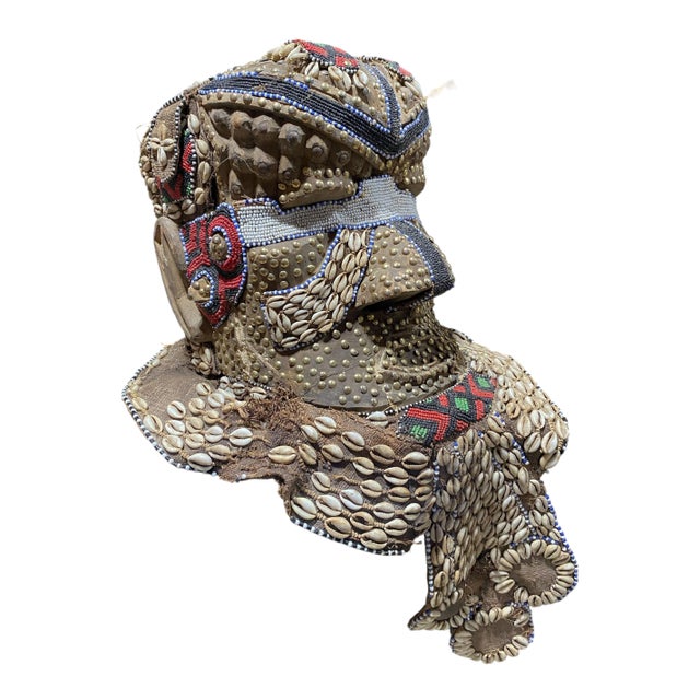 Unique Vintage Large African Tribal Beaded Kuba Royal Head Mask Congo 15" H For Sale