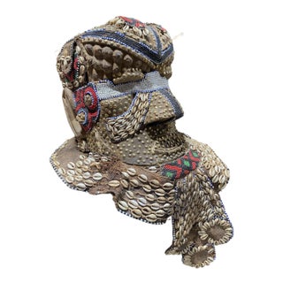 Unique Vintage Large African Tribal Kuba Royal Head Mask Congo 15" H For Sale