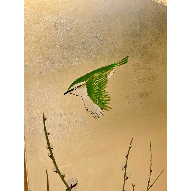 Japanese Showa 4-Panel Folding Screen With Blossoms and Songbirds on Goldleaf Background For Sale - Image 10 of 12