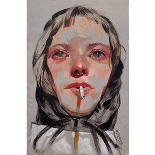Barb by Ryan Morse | Oil on Paper Portrait of a Young Person with a Cigarette For Sale