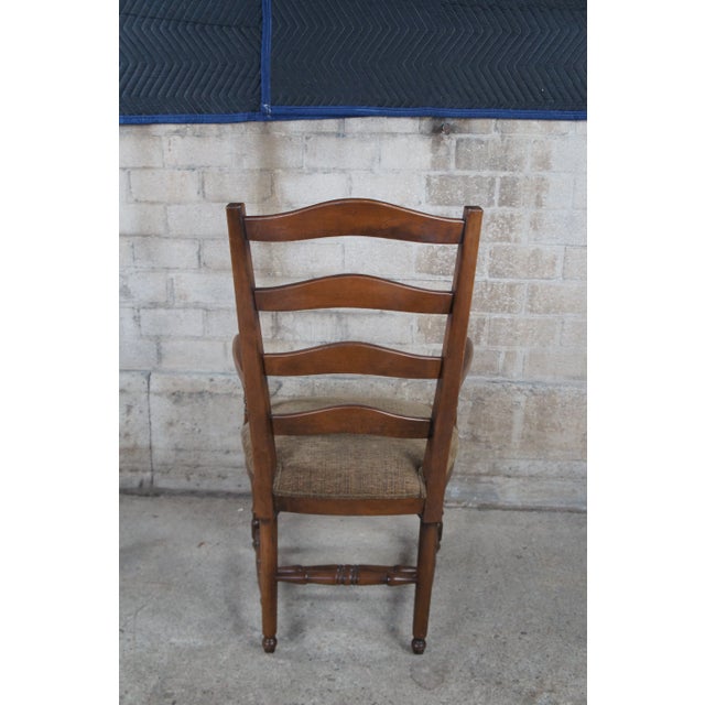 Mid 20th Century Vintage Oak Country French Farmhouse Ladder Back Upholstered Dining Arm Chairs - Set of 4 For Sale - Image 6 of 12