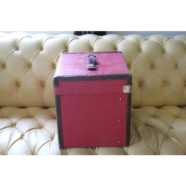 Metal Cube Shape Red Canvas Trunk, 1930s For Sale - Image 7 of 15