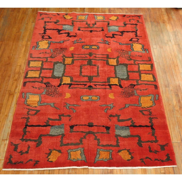 A one of a kind mid-20th century primitive Turkish Art Deco Inspired rug. Purchased from a boutique hotel in the old grand...