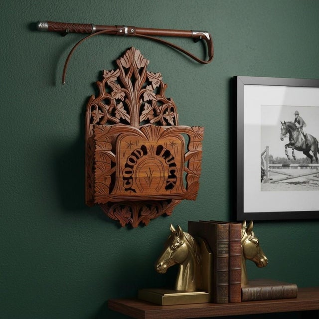 Victorian Carved Wood Wall Pocket-Horseshoe-Good Luck-Folk Art Hanging-Antique For Sale - Image 9 of 11