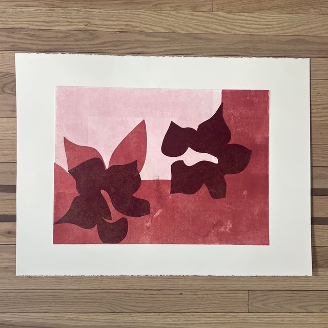 Original Monotype “Fleurs en Rouge” Modernist Style Artwork on Paper, Unframed Paper size is 22 x 30 Artwork is 22 x 16...