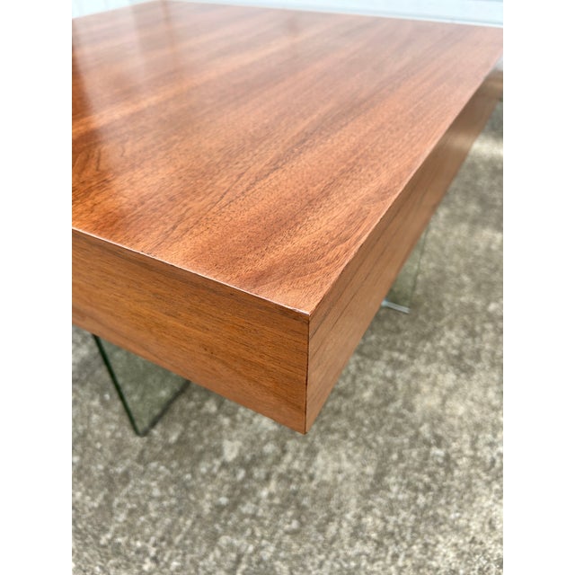 Brown 1990s Floating Walnut and Glass Coffee/Cocktail Table Mannered After Milo Baughman For Sale - Image 8 of 12