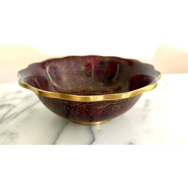 Vintage Chinese Cloisonne scalloped edge bowl. Flowers and Gold Enamel Brass. Makers mark. Marked Made in China and...