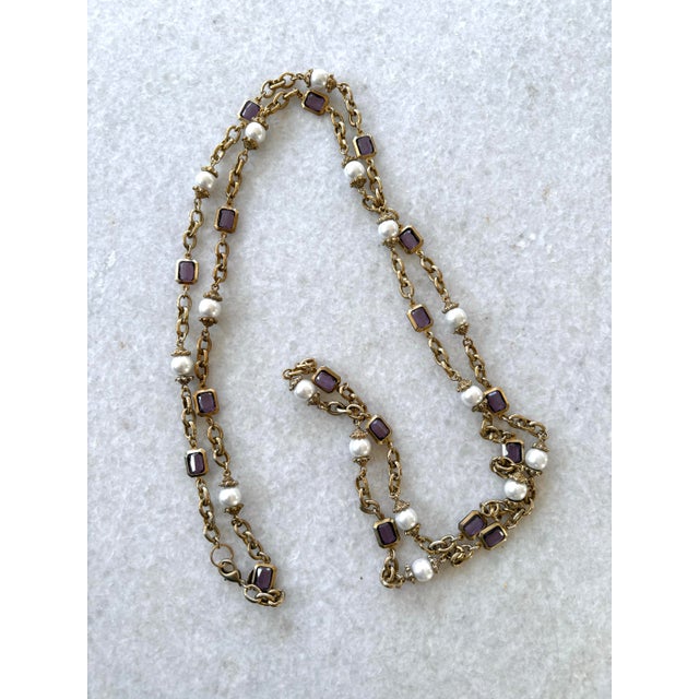 Lovely, vintage costume, jewelry necklace with amethyst, glass, and pearl beads with chain.