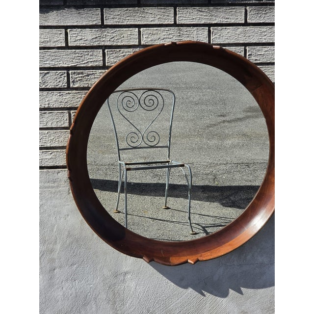 American 1920 Regency Style Solid Walnut Handmade American Round Mirror. For Sale - Image 3 of 16