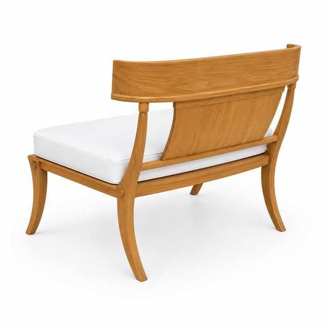 Modern teak patio outdoor bench. Bench is in beautiful condition. Newly upholstered for the listing in Sunbrella fabric. ....