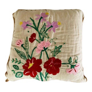 Vintage Hand Embroidered Floral Design Pillow For Sale