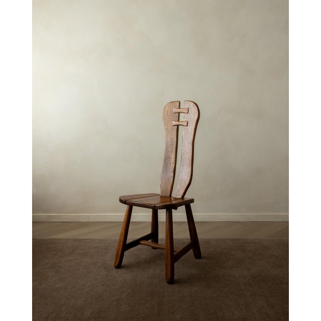 Brutalist Oak Dining Chairs with Sculptural High Backs by De Puydt, 1960s, Set of 4 For Sale - Image 4 of 18