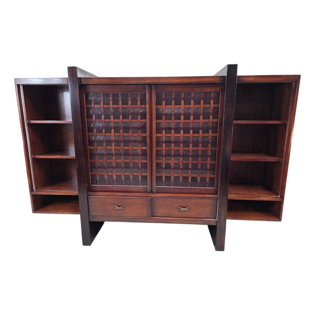 Vintage Modern Mahogany Media Console With Sliding Woven Doors by South Cone For Sale