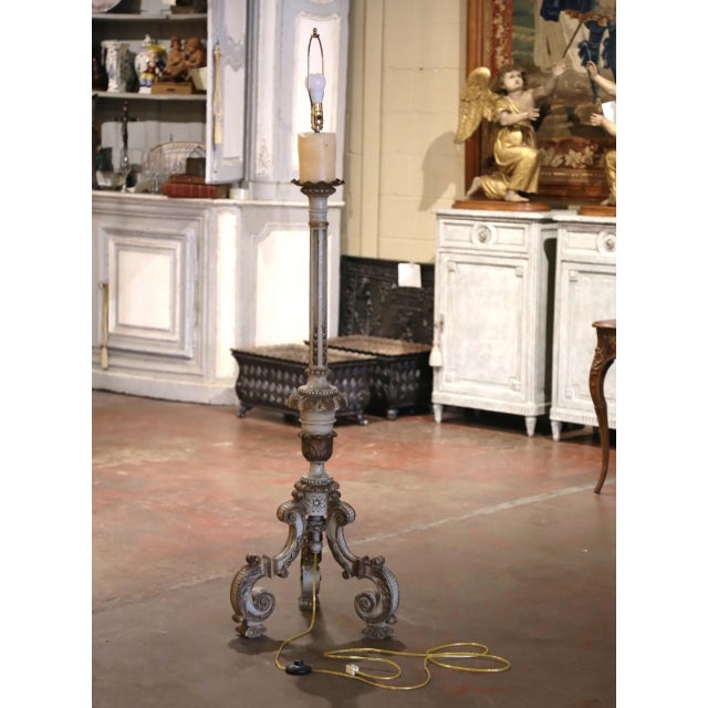 Mid 19th Century Mid-19th Century Italian Carved Polychrome Wood Floor Lamp With Scroll Base For Sale - Image 5 of 10