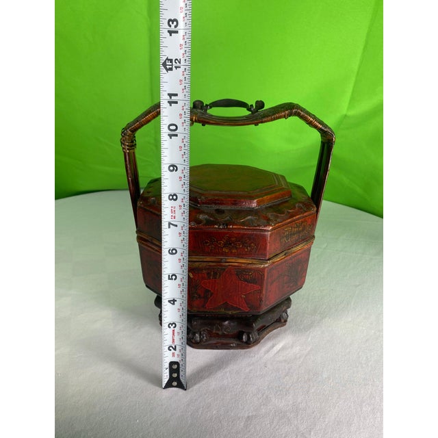 Paint Antique Chinese Wedding Basket Octagonal Red Lacquer Wood Hand Painted Food Carrier For Sale - Image 7 of 12