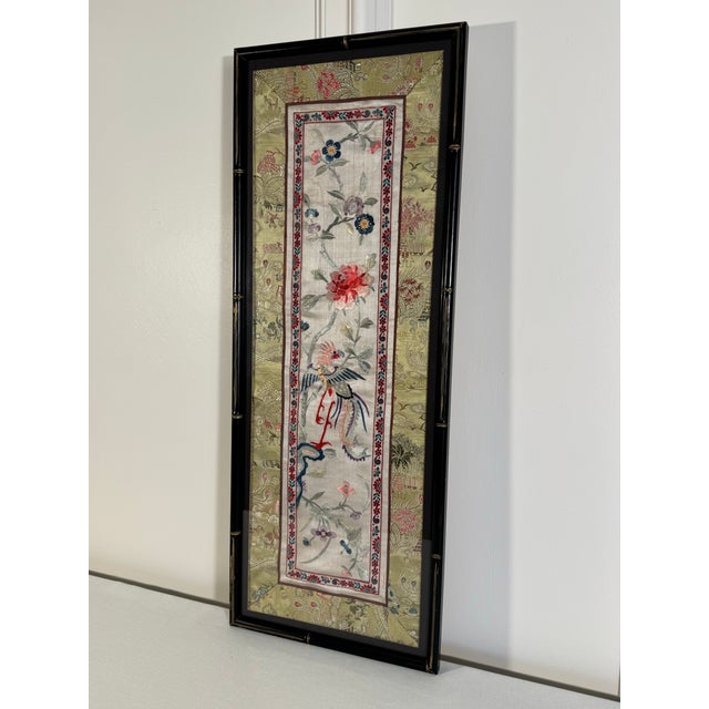 Asian Chinoiserie Framed Faux Bamboo Embroidery Silk Textile Art For Sale - Image 9 of 12